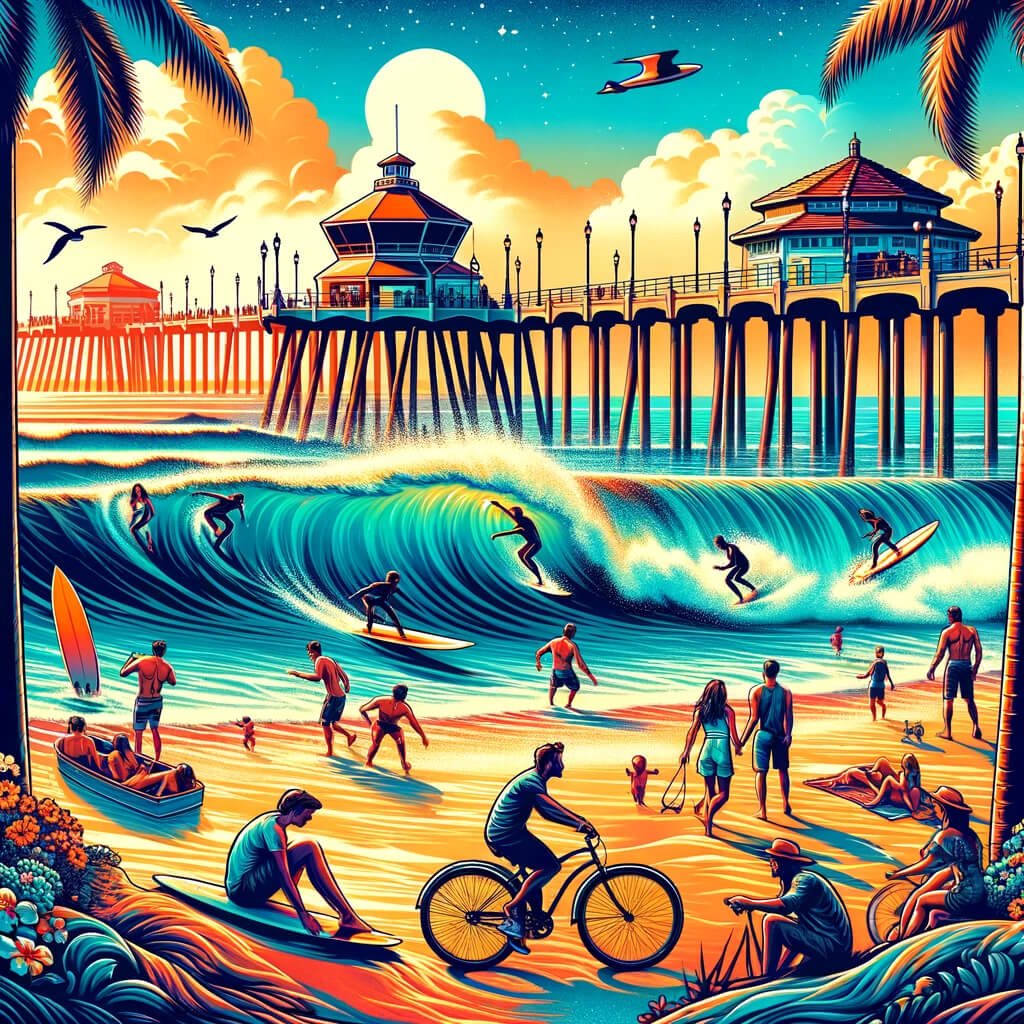 dynamic scene capturing the essence of Huntington Beach California foreground shows surfers catching waves